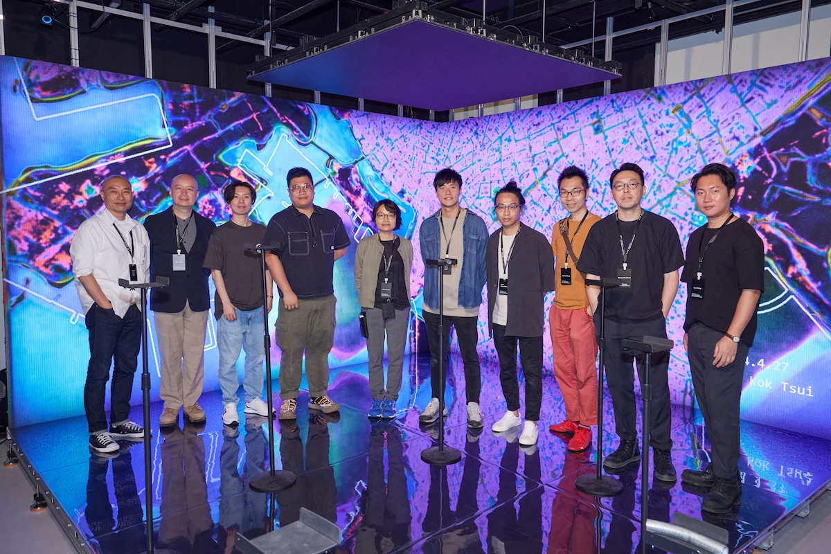 Group photo of the event's artists alongside the team from the Jockey Club Future Laboratory of Arts Tech: Thomas Chan, Jack Lam, Eric Siu, Terence Yu, Olive Leung, AK Kan, Peter Wong, Martin Wong, Hoiwood Chang, Leo Wong. From left to right.